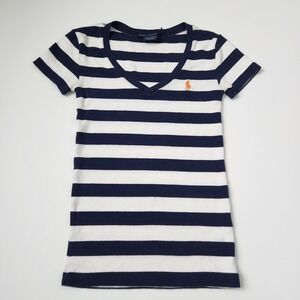 Ralph Lauren Sport Women Navy White Striped V Neck T Shirt Top XS